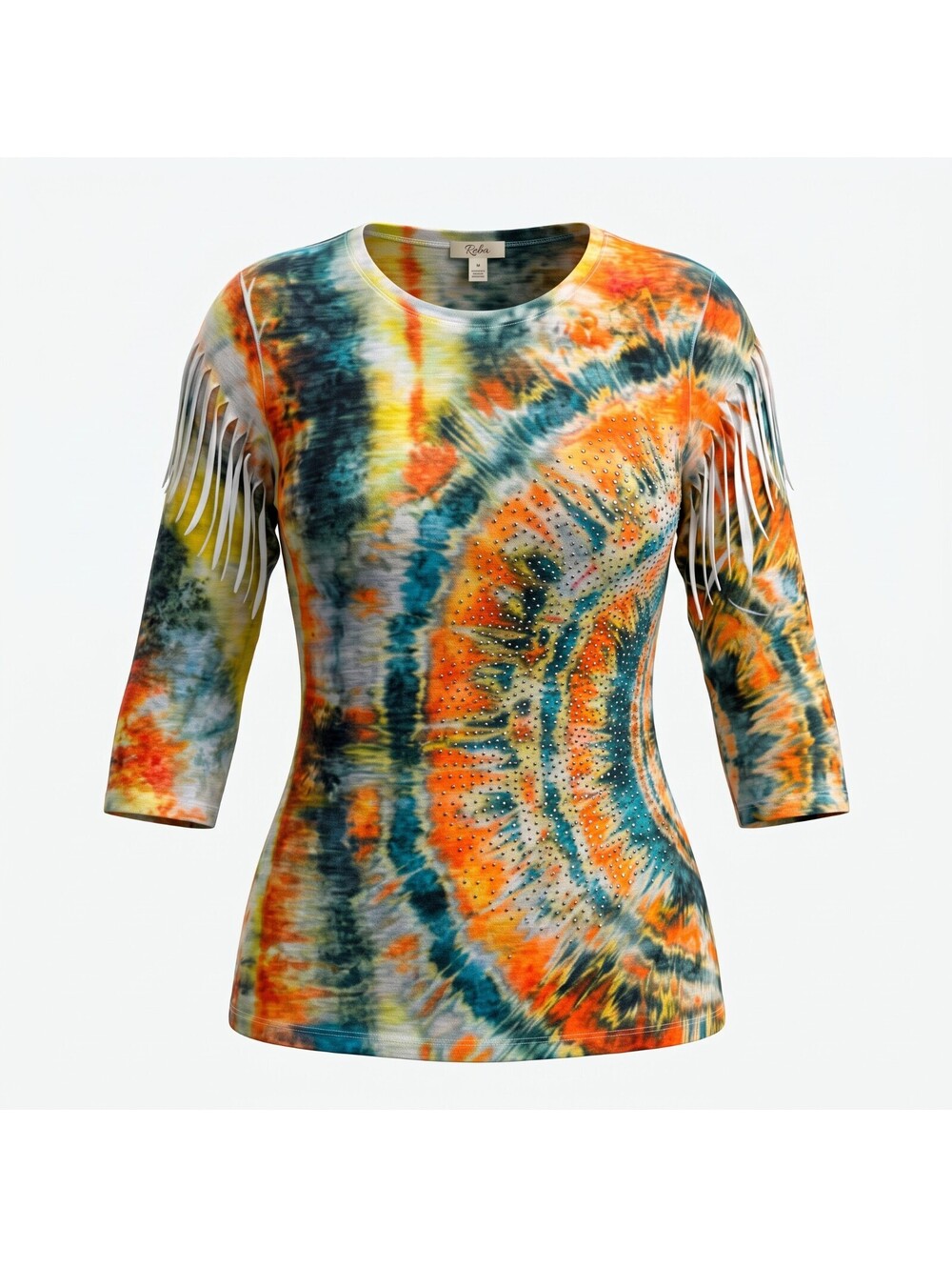 Reba Women’s Tie Dye Rhinestone Top Medium 3/4 Sleeve Boho Bling Shirt